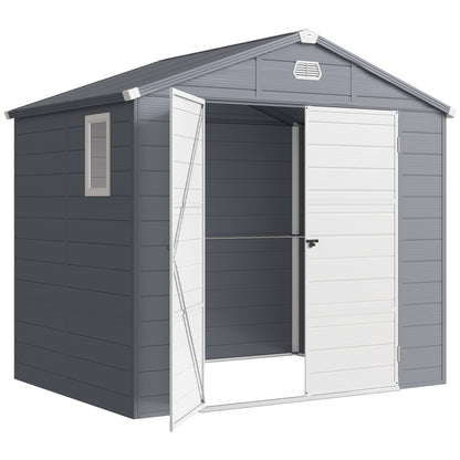 8' x 6' Plastic Garden Storage Shed with Latch Door, Vents, Sloped Roof, Dark Grey
