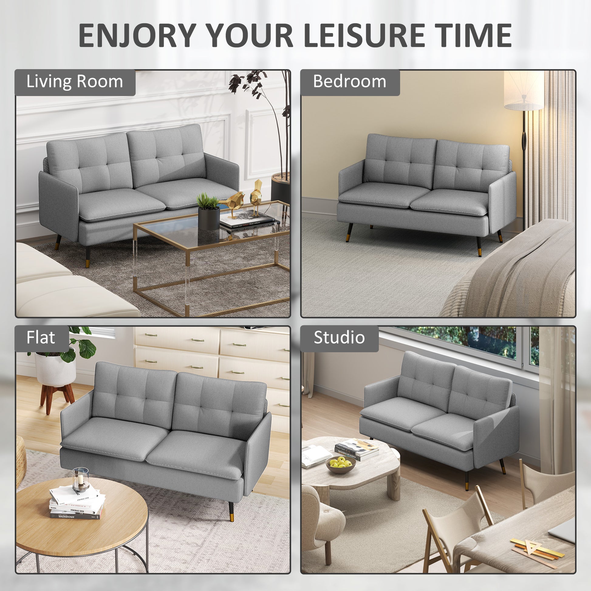 55" Loveseat Sofa, Linen Love Seat w/ S spring, Steel Legs and Button Tufting, Small Couch for Living Room, Grey