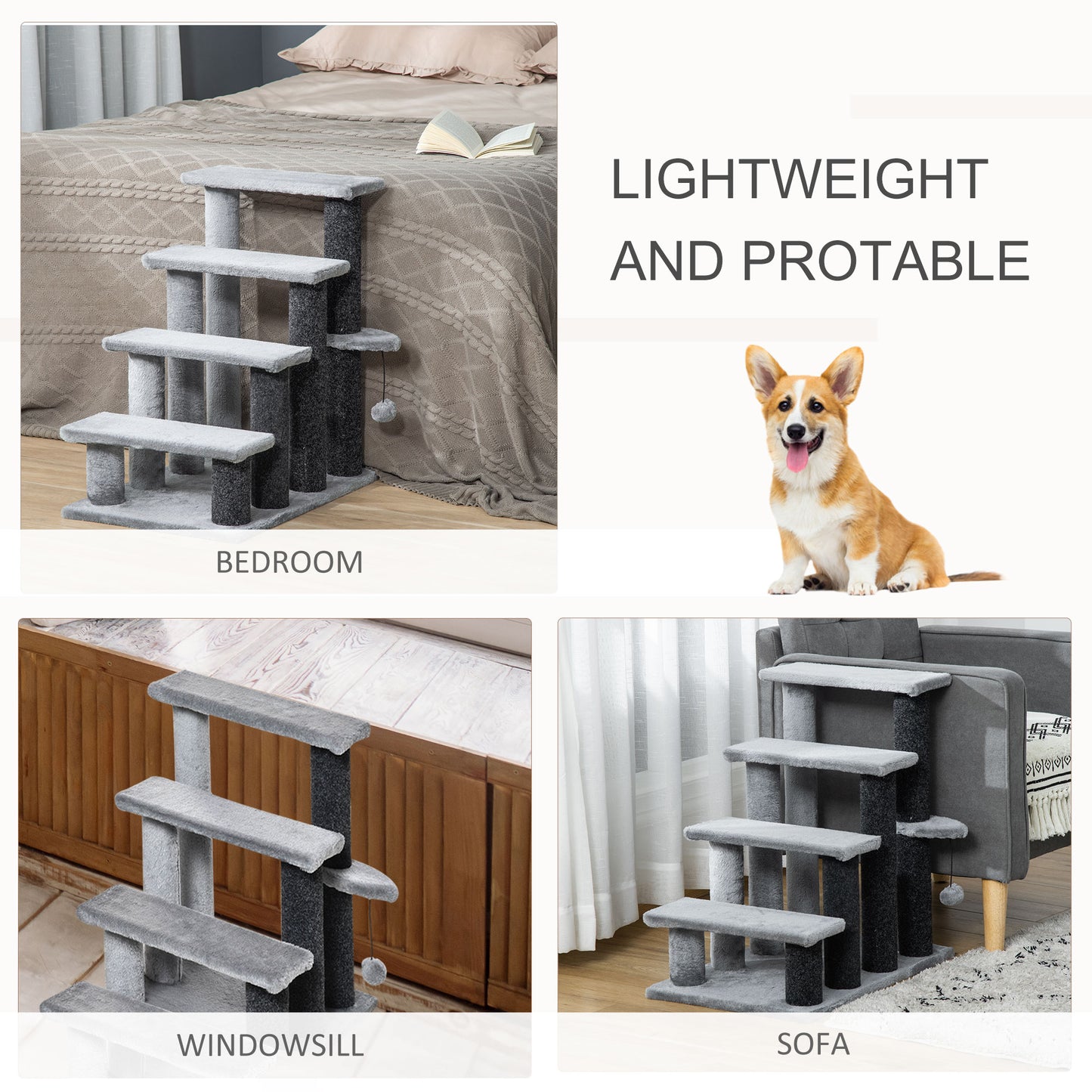 Cat Stairs for Bed, Couch 4 Steps, Small Cat Tree for Indoor Cats with Scratching Posts Toy Ball, 23.5" x 16" x 25"
