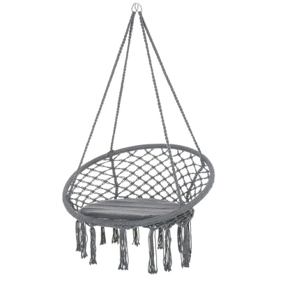 Patio Hammock Chair, Hanging Rope Hammock Swing for Indoor & Outdoor Use with Backrest, Cotton-Polyester Blend, Fringe Tassels, Dark Grey