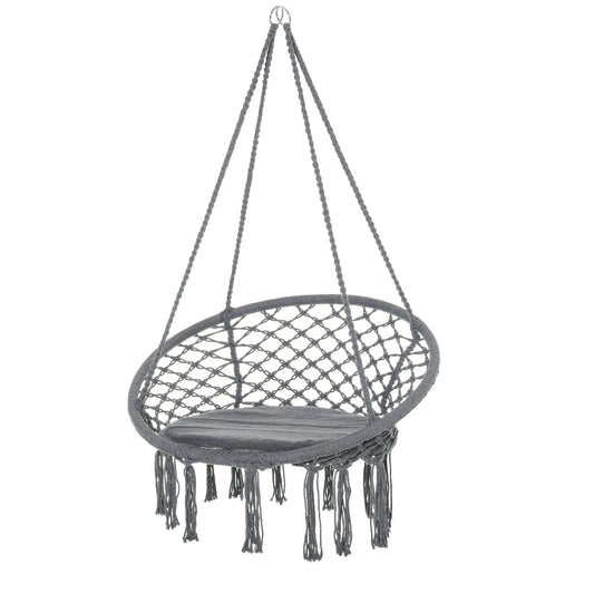 Patio Hammock Chair, Hanging Rope Hammock Swing for Indoor & Outdoor Use with Backrest, Cotton-Polyester Blend, Fringe Tassels, Dark Grey