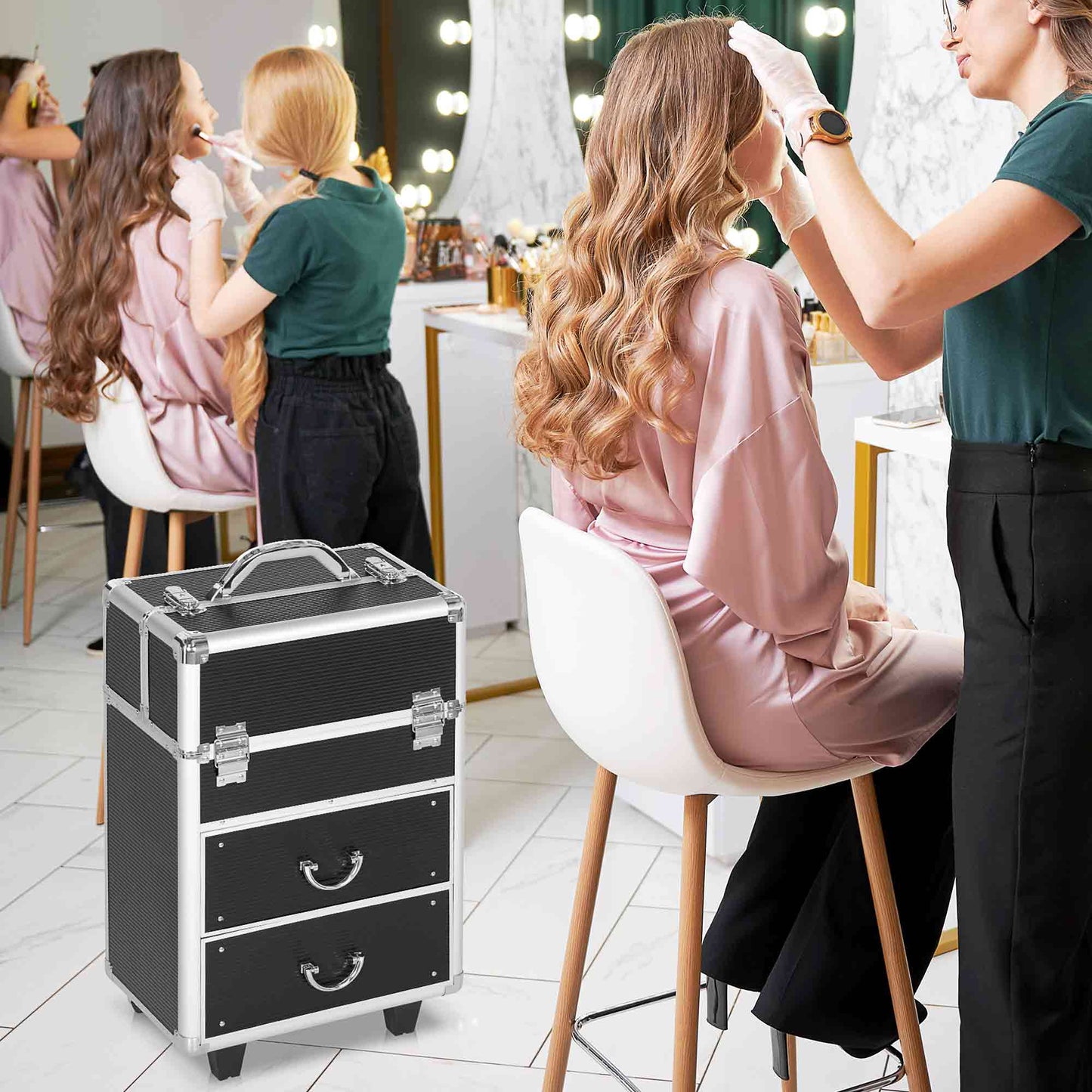 Aluminum Rolling Makeup Train Case, Portable Professional Cosmetic Makeup Case, Lockable Traveling Cart Trunk with Folding Trays, Swivel Wheels and Keys, Black