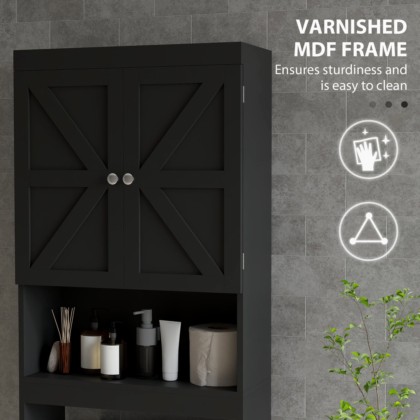 Over The Toilet Cabinet, Modern Bathroom Above Toilet Storage with Barn Doors and Open Shelf, Black