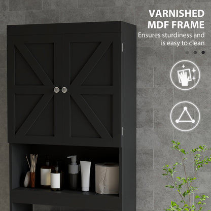 Over The Toilet Cabinet, Modern Bathroom Above Toilet Storage with Barn Doors and Open Shelf, Black