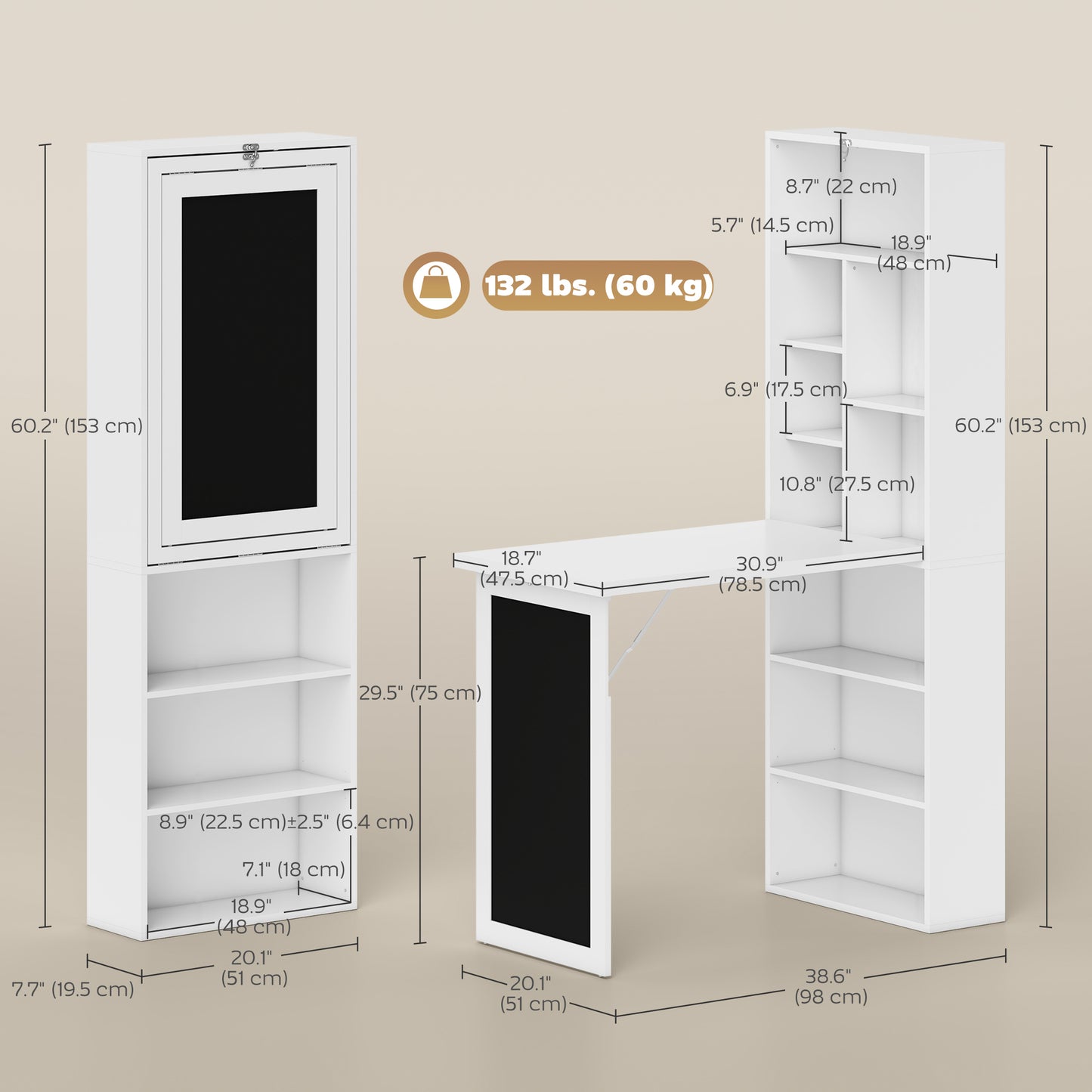Fold-out Convertible Office Desk, Wall Mount Computer Desk with Blackboard and Side Shelf, White
