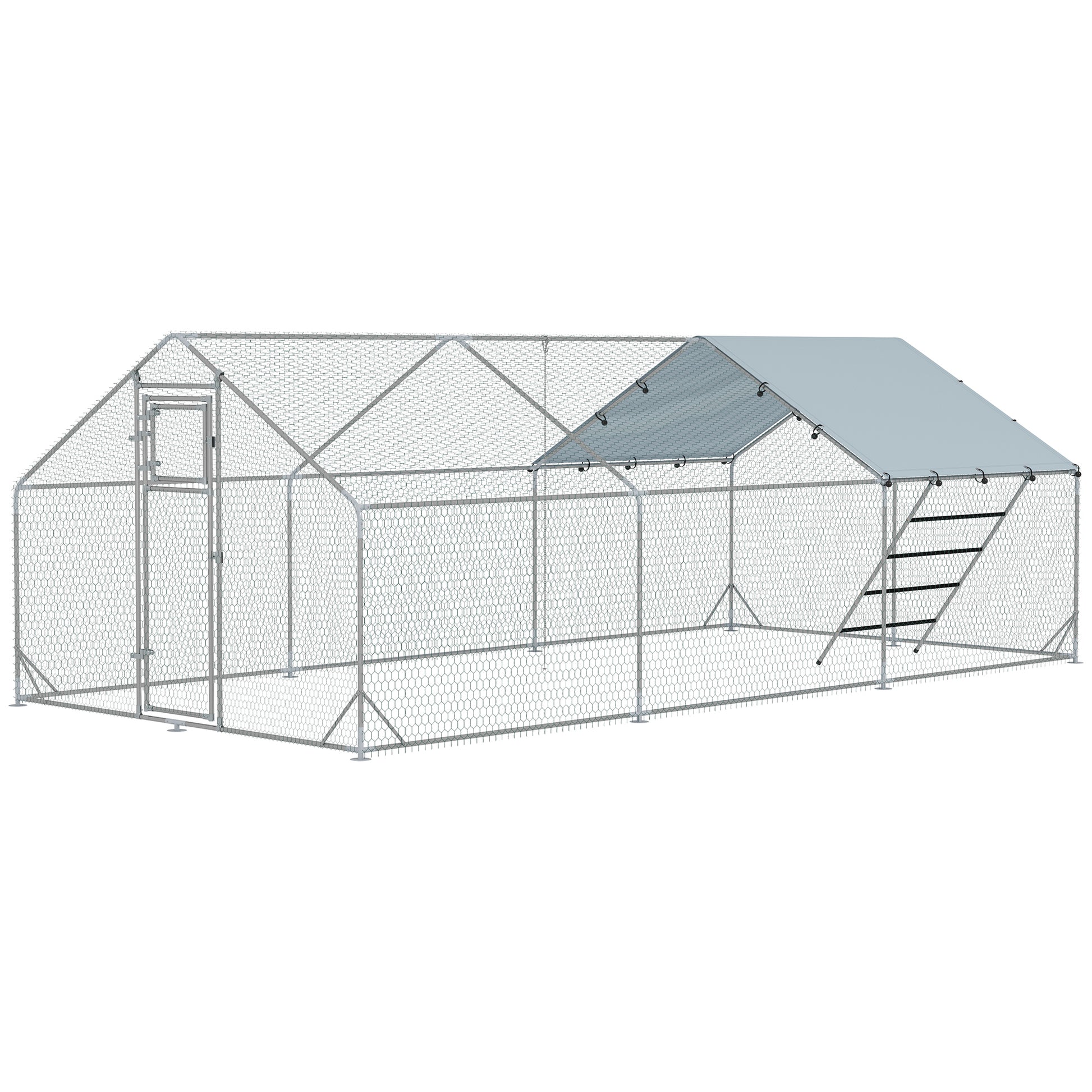 Large Metal Chicken Run with Waterproof & UV-Resistant Cover, Feeding Door, Hanging Feeder, Perch for 18-24 Chickens