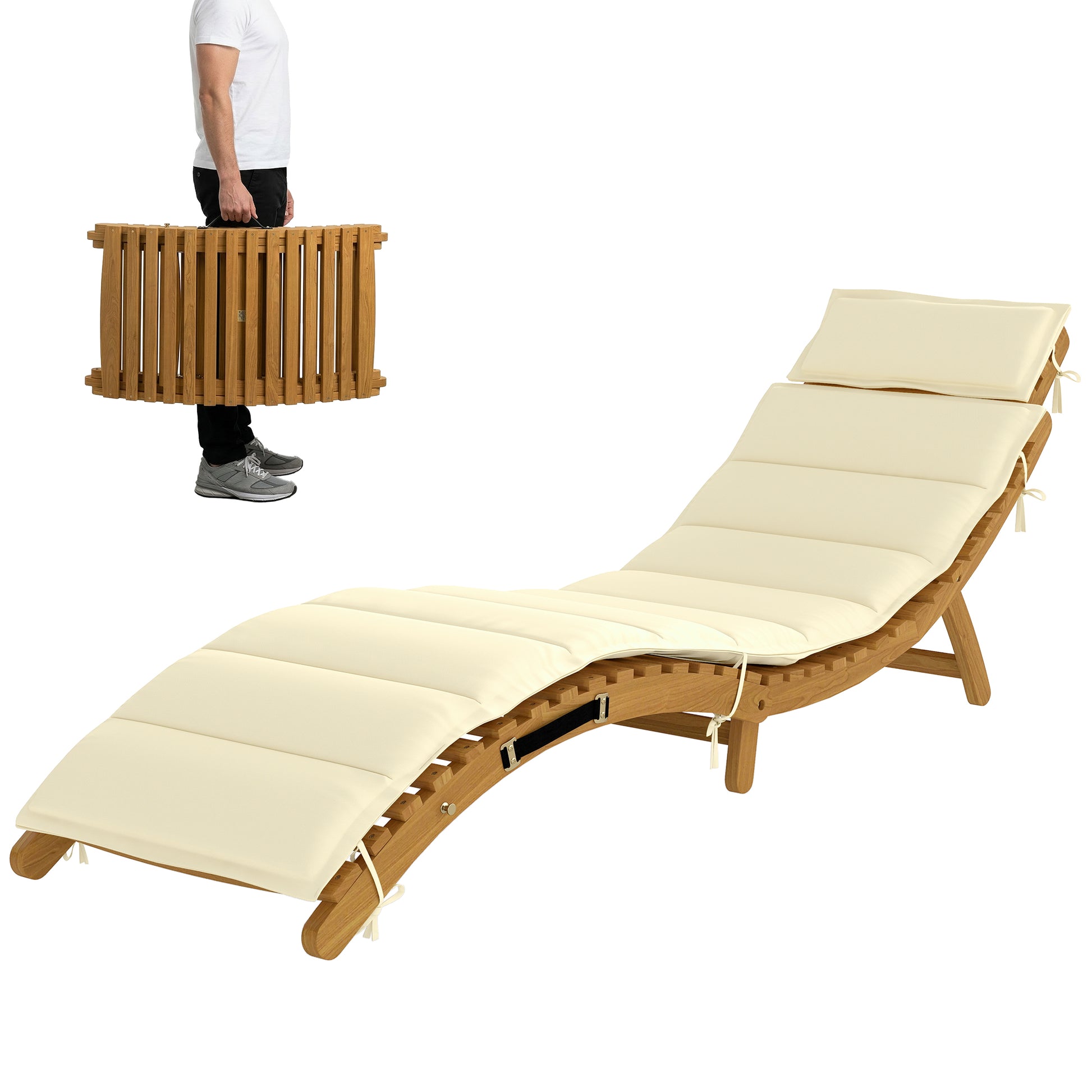 Folding Chaise Lounge Chair Outdoor, Acacia Wood Lounger Tanning Chair with Cushion, Headrest, Cream White
