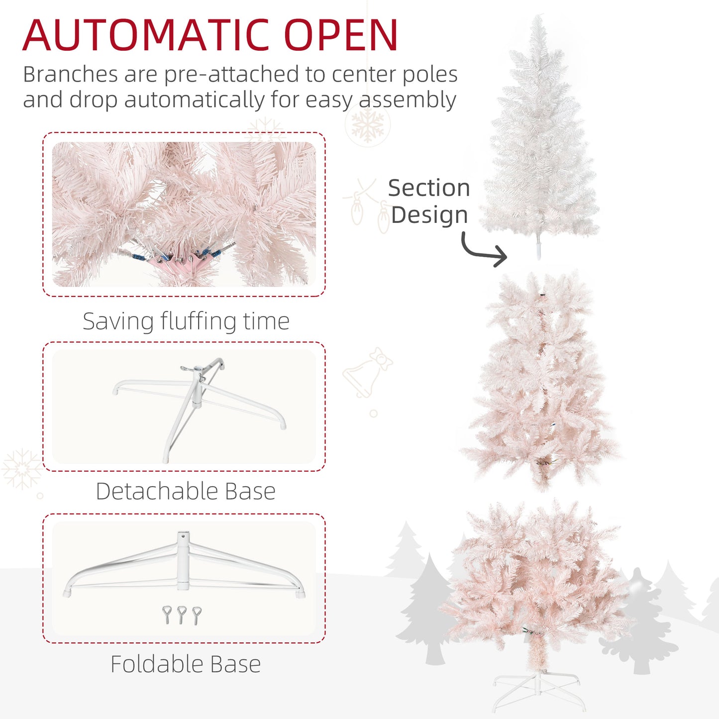 5ft Pencil Artificial Christmas Tree with Pine Realistic Branches, Auto Open, Pink and White