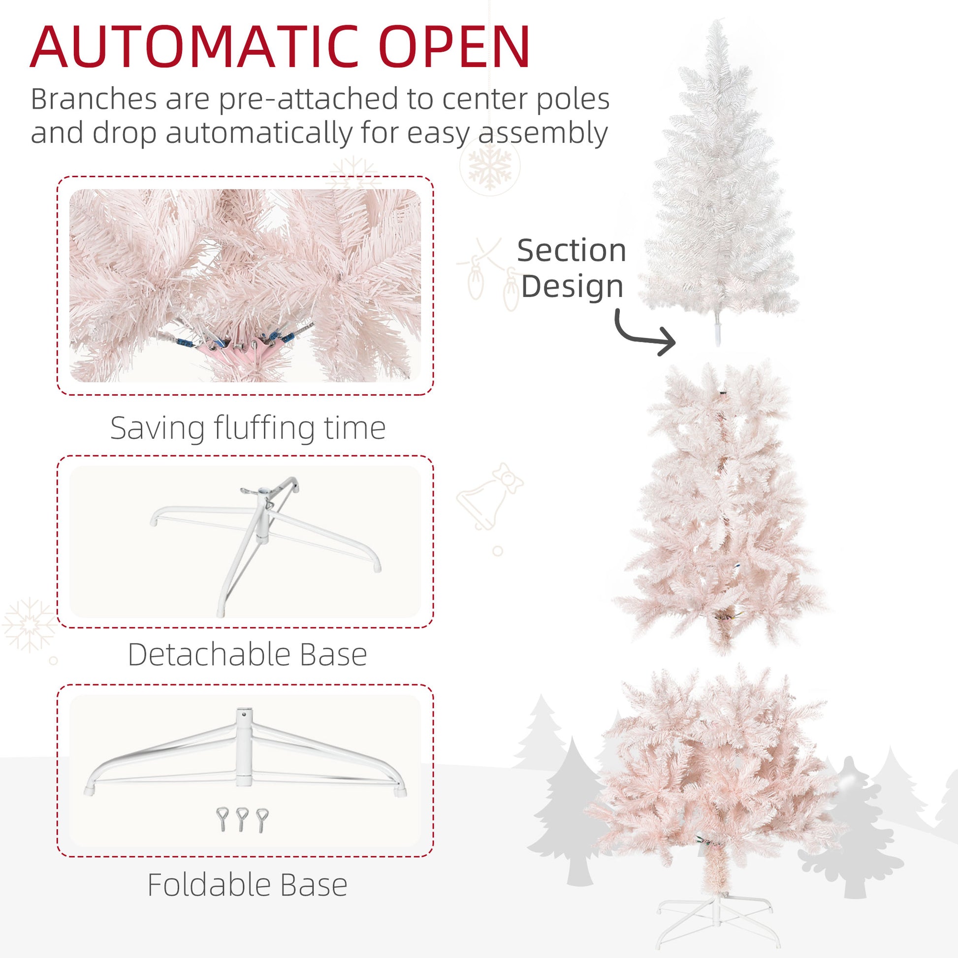 5ft Pencil Artificial Christmas Tree with Pine Realistic Branches, Auto Open, Pink and White