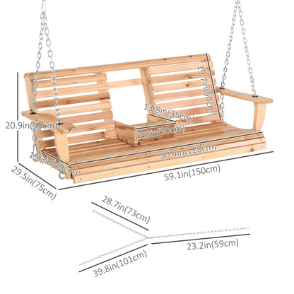 3 Seater Patio Swing Chair Wood Porch Swing with Foldable Table, Cup Holders, Steel Chains for Garden, Yard, Natural