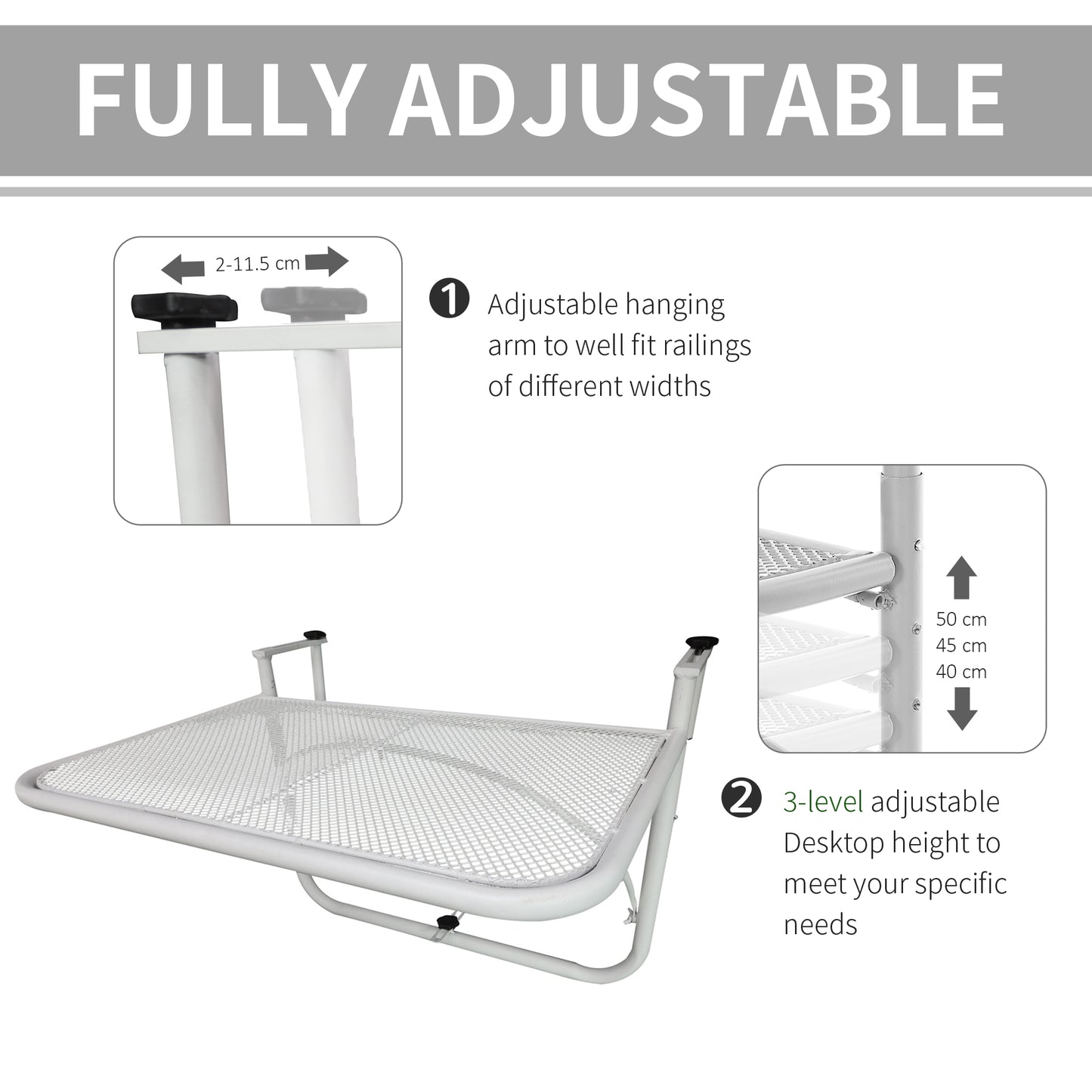 Adjustable Balcony Hanging Railing Table, Metal Mounting Mini Wall Desk Storage Rack, Outdoor Flower Stand Serving Table Rectangle, White