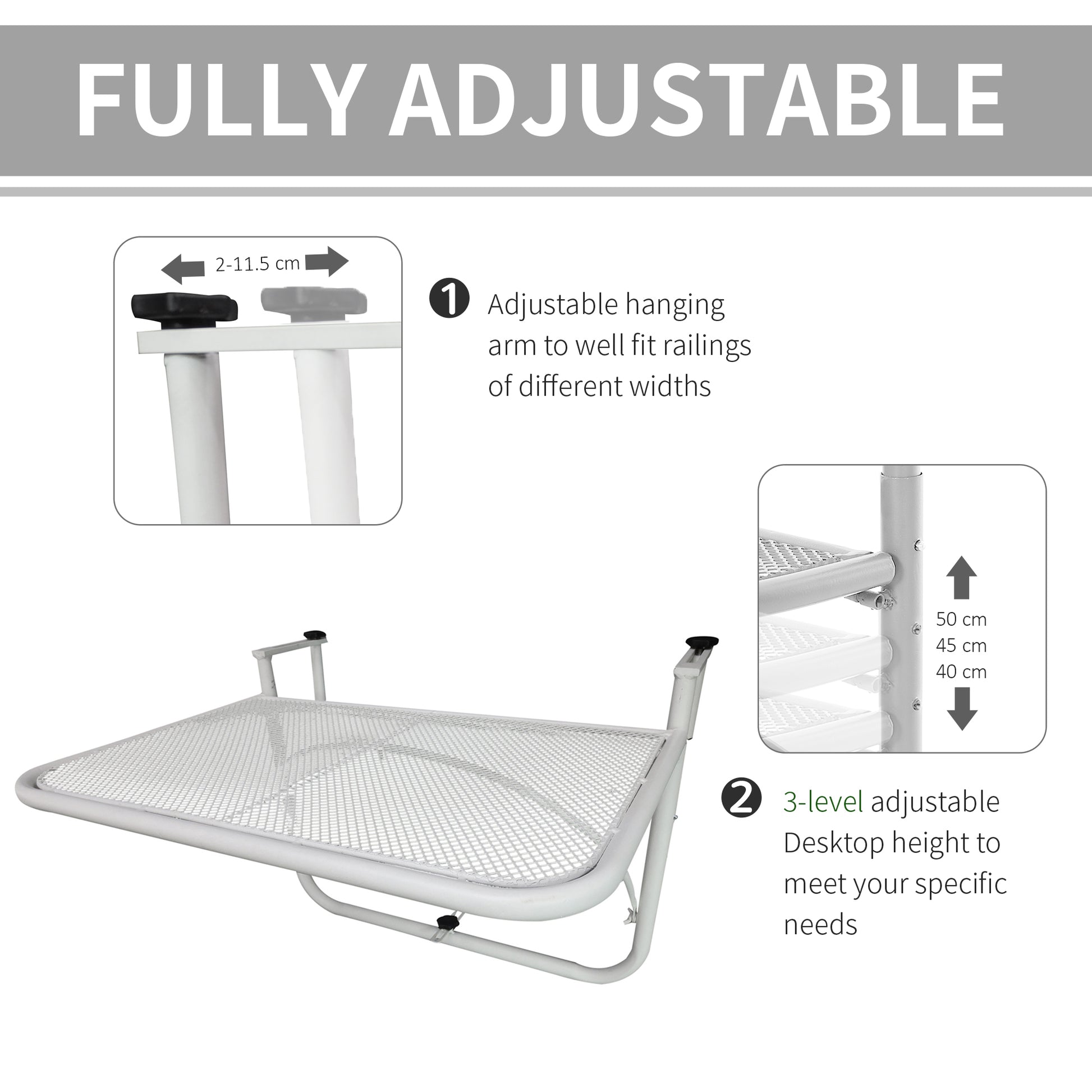 Adjustable Balcony Hanging Railing Table, Metal Mounting Mini Wall Desk Storage Rack, Outdoor Flower Stand Serving Table Rectangle, White