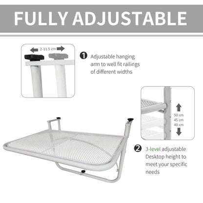 Adjustable Balcony Hanging Railing Table, Metal Mounting Mini Wall Desk Storage Rack, Outdoor Flower Stand Serving Table Rectangle, White