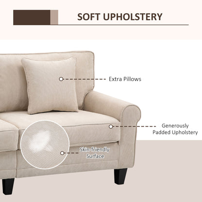 Modern 3 Seater Sofa, Corduroy Fabric 3 Seater Couch with Pine Wood Legs and Rolled Armrests for Living Room, Beige