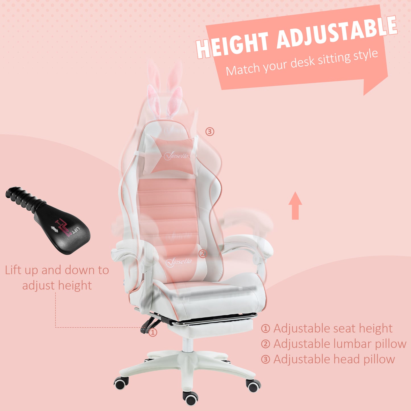 Cute Racing Gamer Chair, PU Leather Gaming Chair with Footrest, Headrest and Lumbar Support, Pink
