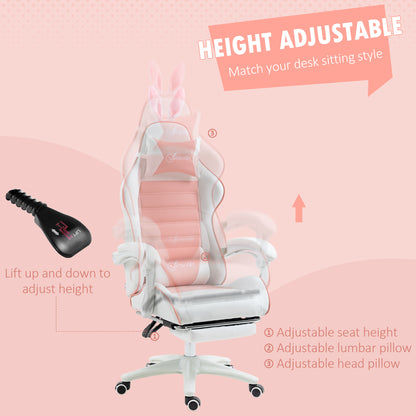 Cute Racing Gamer Chair, PU Leather Gaming Chair with Footrest, Headrest and Lumbar Support, Pink