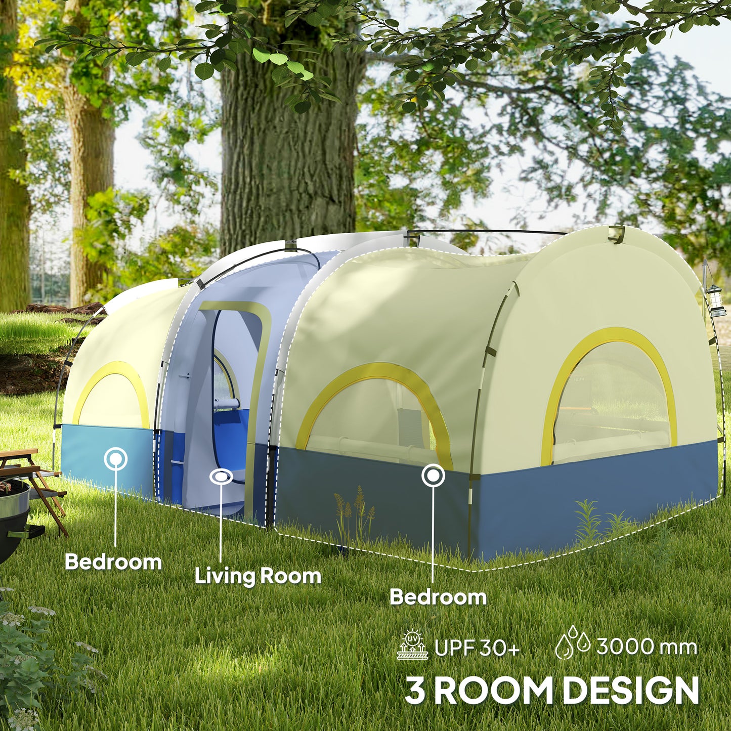 4-6 Person Camping Tent, 3 Room Cabin Tent, 3000mm Waterproof and UPF30+ with Sewn in Groundsheet and Carry Bag, Blue