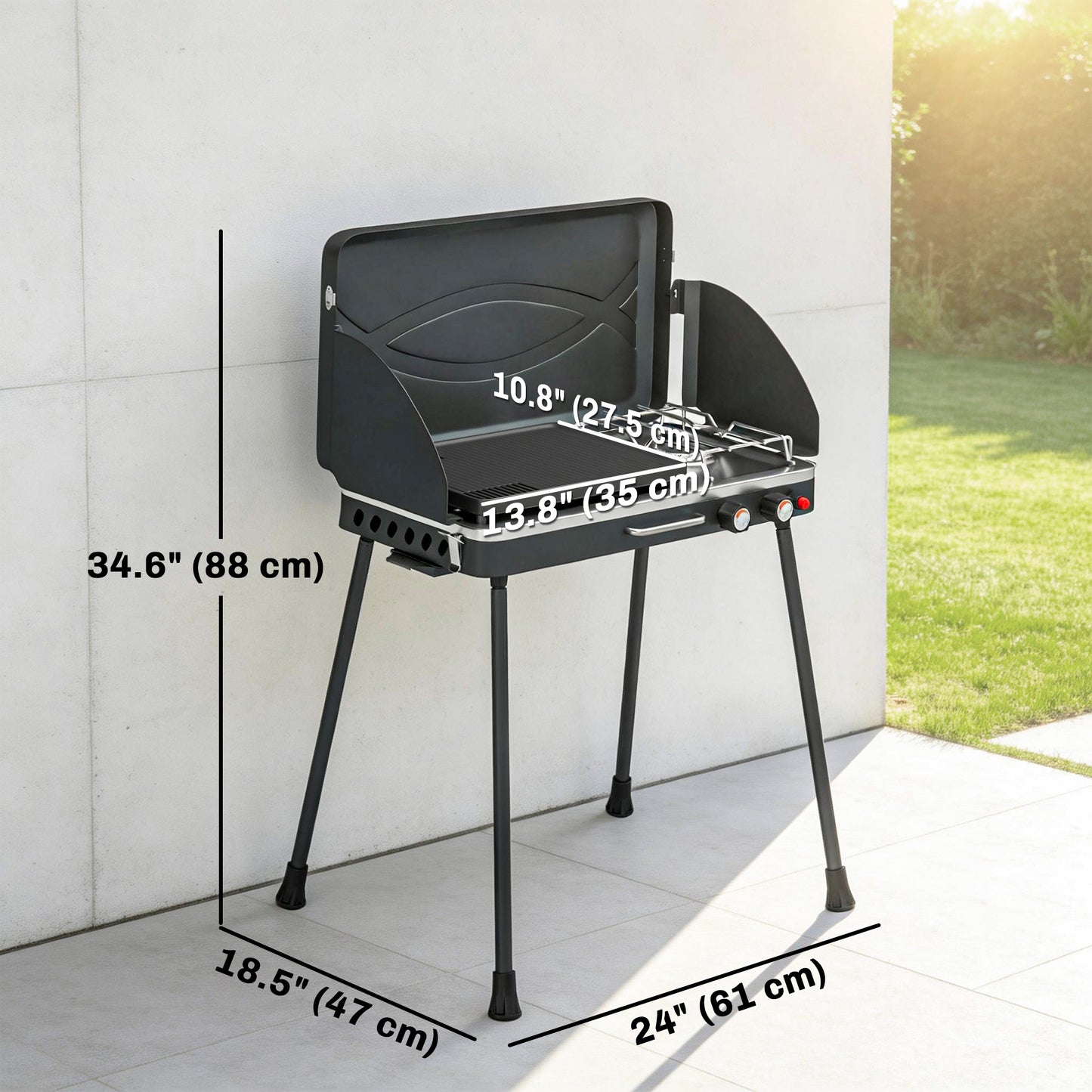 2-in-1 Camping Stove & Gas Griddle Combo, 20,000 BTU Portable Propane Grill with Detachable Legs, Wind Guards, Black