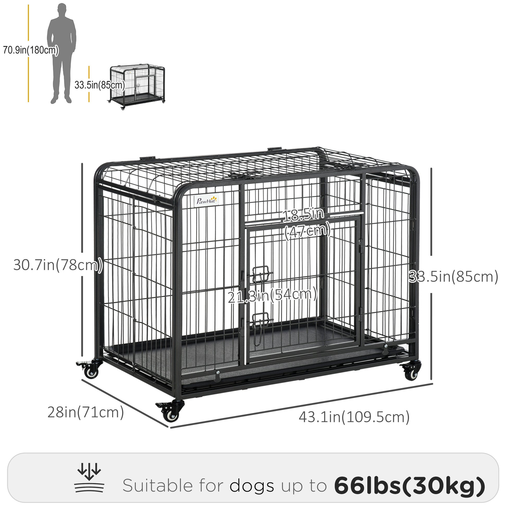 Folding Heavy Duty Dog Crate Heavy Duty Cage for Large Sized Dogs with Double Doors, Lockable Wheels Tray, 43" x 28" x 31"