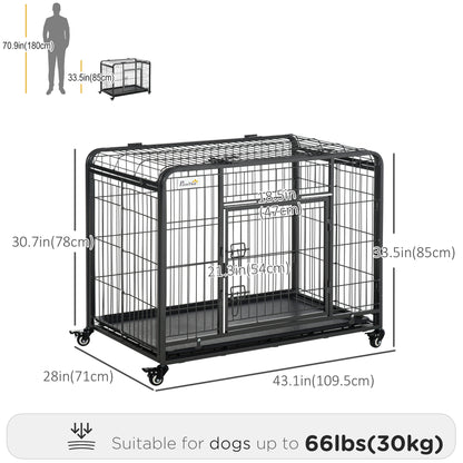 Folding Heavy Duty Dog Crate Heavy Duty Cage for Large Sized Dogs with Double Doors, Lockable Wheels Tray, 43" x 28" x 31"