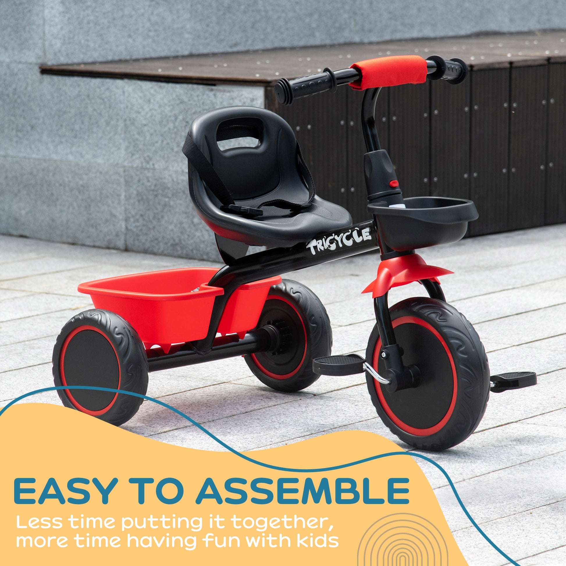Qaba Large Kids Tricycle for Toddler 2-5 Year Old Girls and Boys, Toddler Trike Bike with Adjustable Seat, Safety Belt, Two Storage Baskets, Red