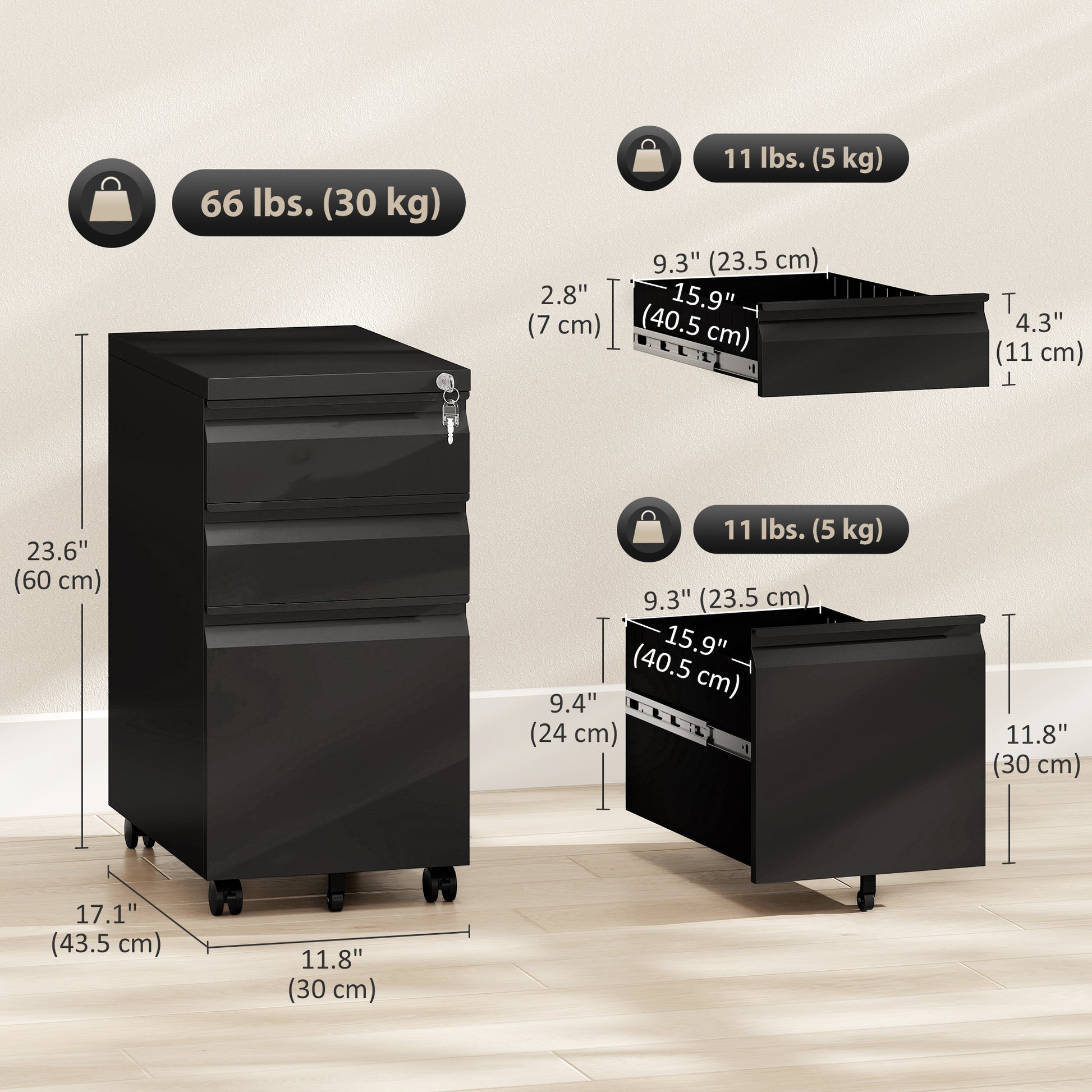 3 Drawer Filing Cabinet with Lock, Steel Office Storage Cabinet with Hanging Bar for A4, Legal, Letter Files, Black