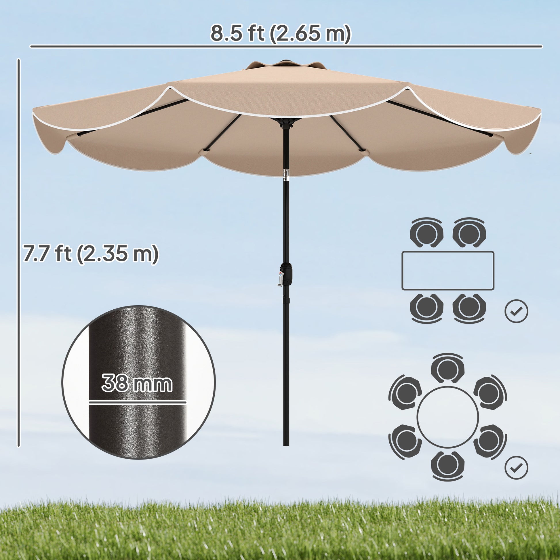 9' x 9' Round Market Umbrella with Valance, Patio Umbrella with Tilt and Crank, for Garden, Deck, Poolside, Khaki