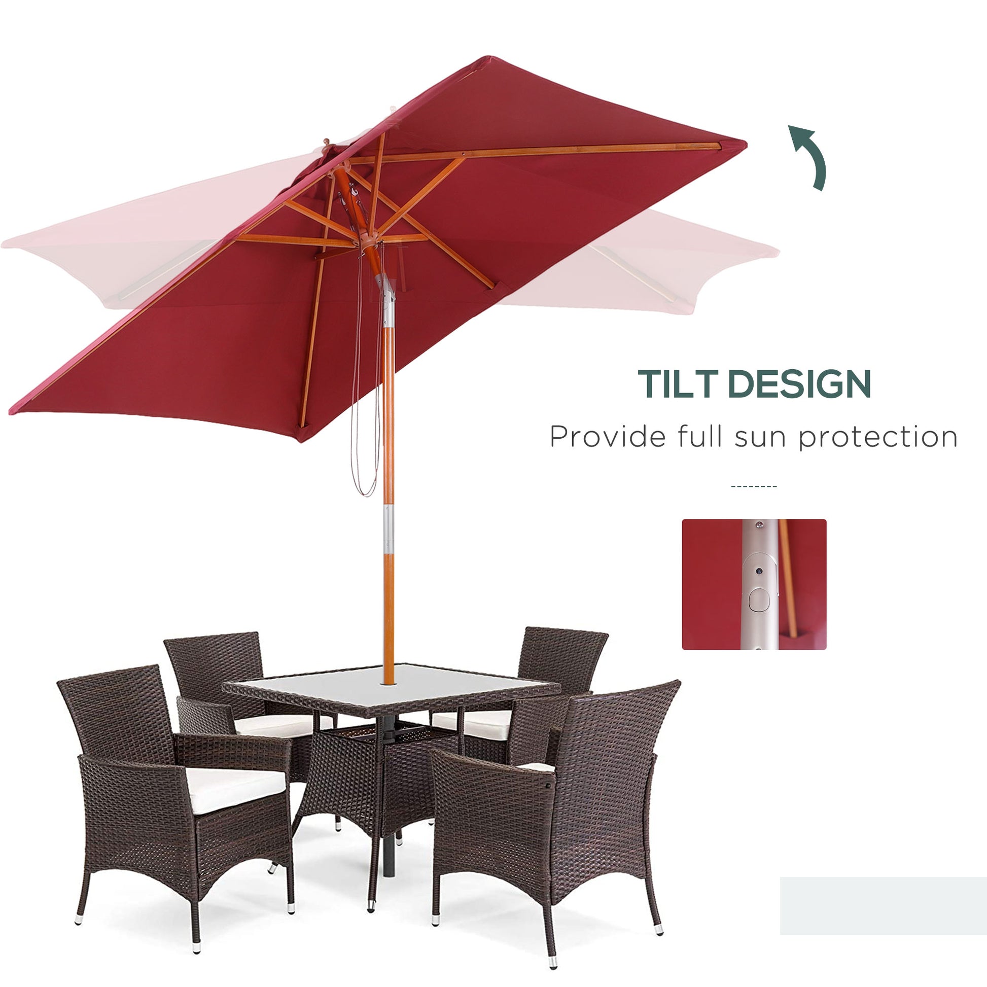 6.6x5ft Square Market Parasol, Wooden Patio Umbrella with Tilt Mechanism and 6 Bamboo Ribs, Garden Sunshade, Wine Red