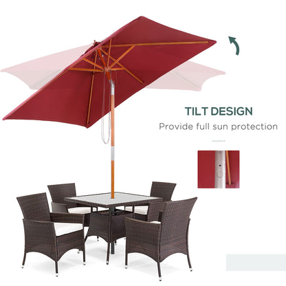 6.6x5ft Square Market Parasol, Wooden Patio Umbrella with Tilt Mechanism and 6 Bamboo Ribs, Garden Sunshade, Wine Red