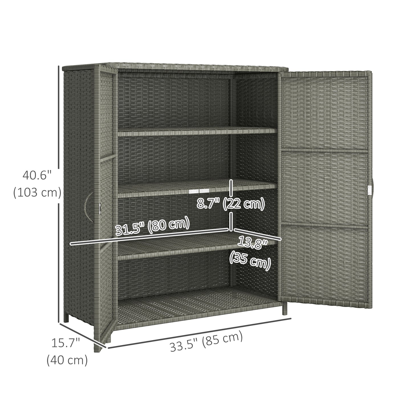 Wicker Outdoor Storage Cabinet, Pool Storage Organizer with 4 Shelves and 2 Doors for Garden, Backyard, Dark Grey