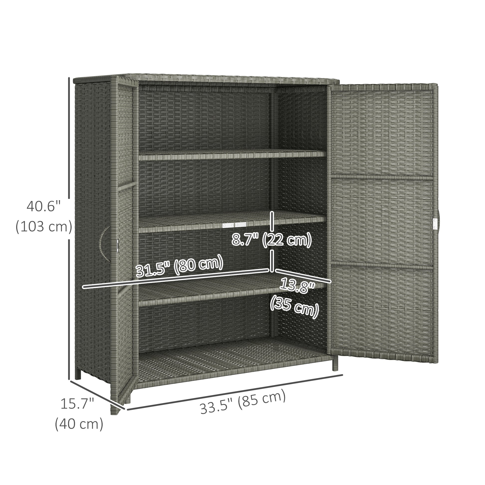 Wicker Outdoor Storage Cabinet, Pool Storage Organizer with 4 Shelves and 2 Doors for Garden, Backyard, Dark Grey