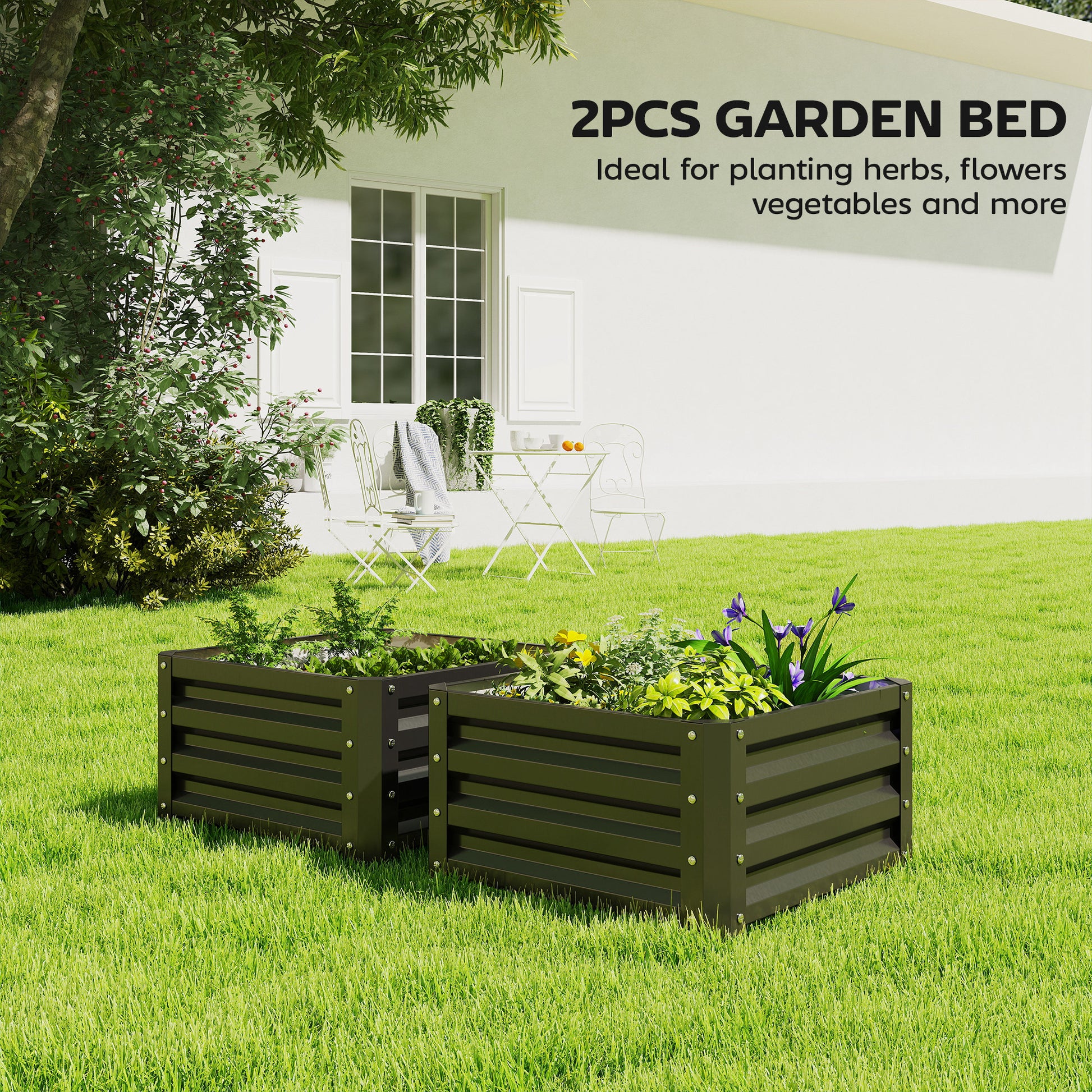 2' x 2' x 1' 2-Pieces Raised Garden Bed w/ Galvanised Steel Frame for Vegetables Flowers Herbs, Black