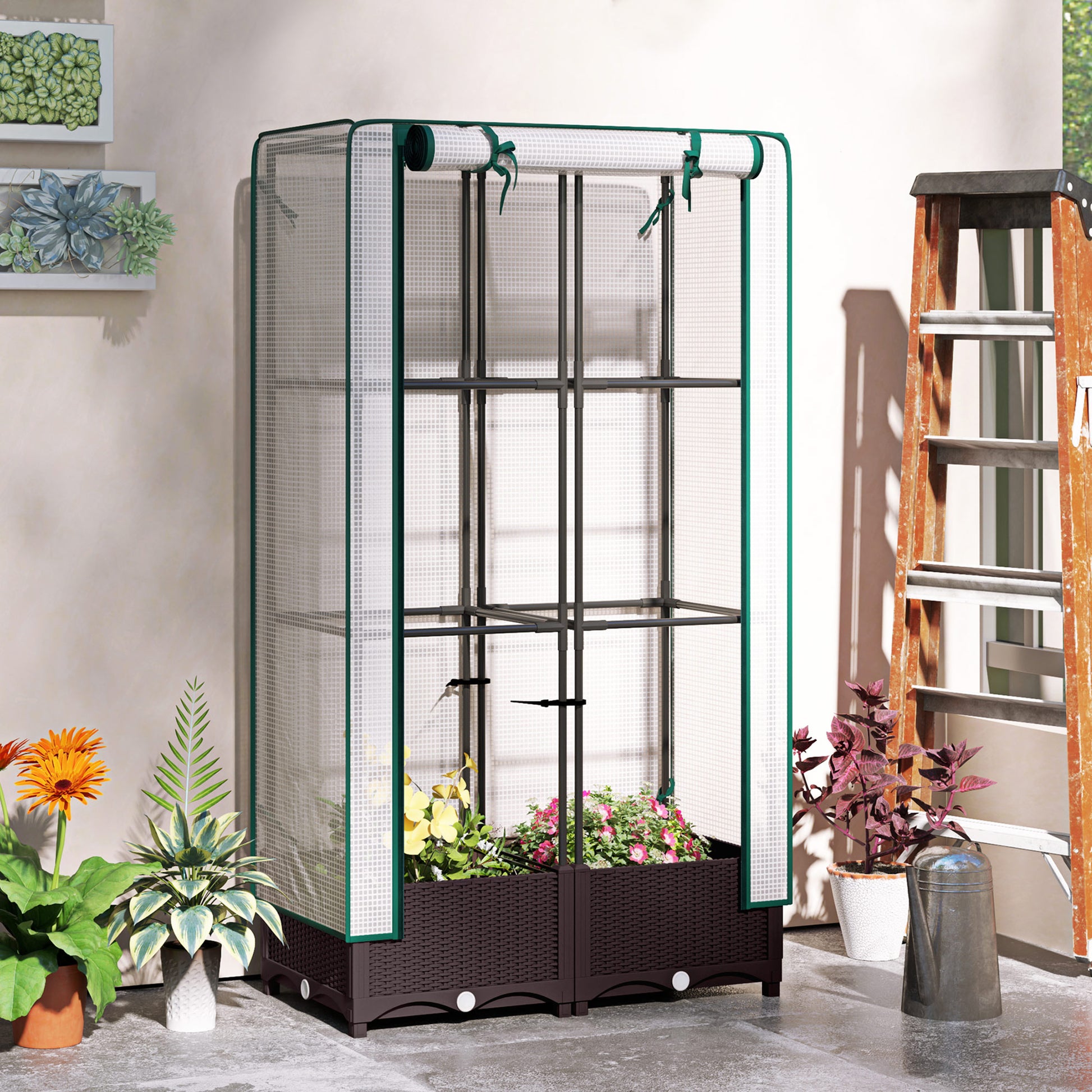 Raised Garden Bed Kit with Trellis, Raised Flower Bed with PE Cover and Zipper Door, 31.5 x 15.7 x 48.8 inch, Brown