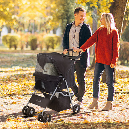 Dog Stroller, One-click Folding Pet Stroller with Cup Holder, 4 Wheels Travel Carrier w/ Brakes, 360° Swiveling Front Wheels, Storage Basket, for XS/Small Dogs Cats, Black