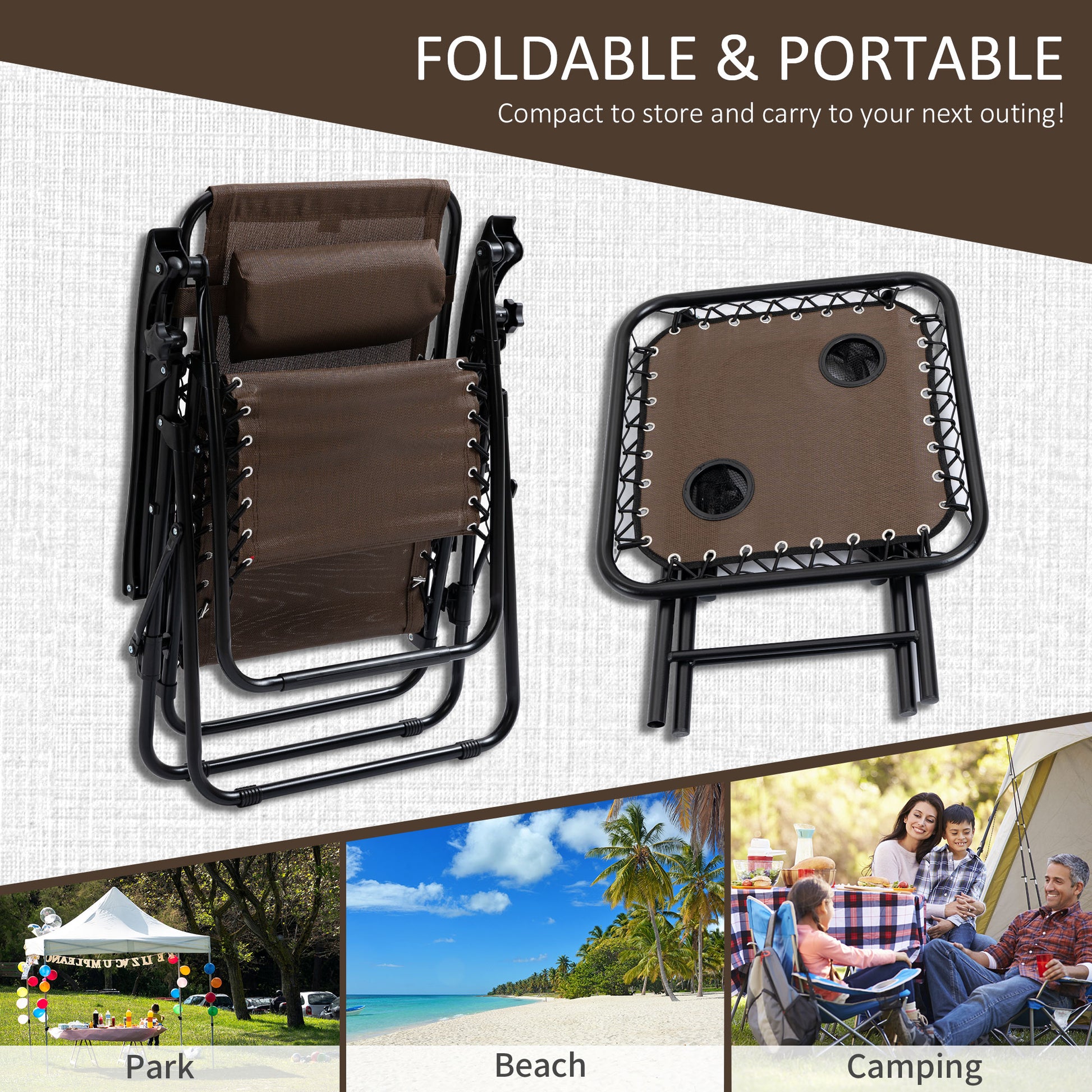 Zero Gravity Chair Set of 2 Patio Chair with Side Table Cupholders and Pillows for Pool, Backyard, Lawn, Beach, Brown