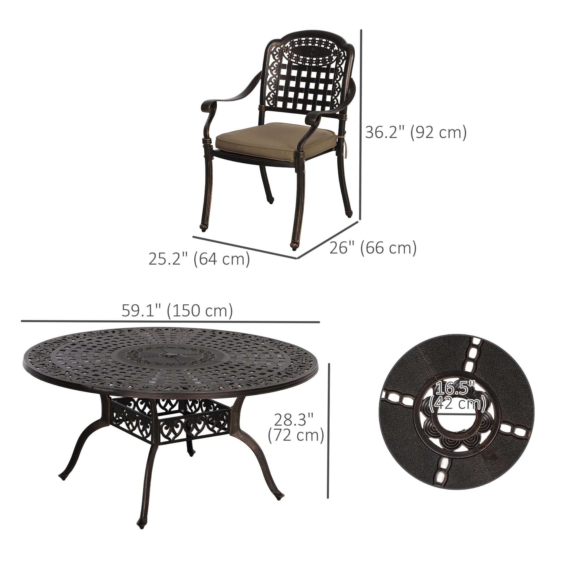 7 Pieces Outdoor Dining Set for 6, Aluminum Patio Table and Chairs Furniture Set with Umbrella Hole, Cushions, Bronze