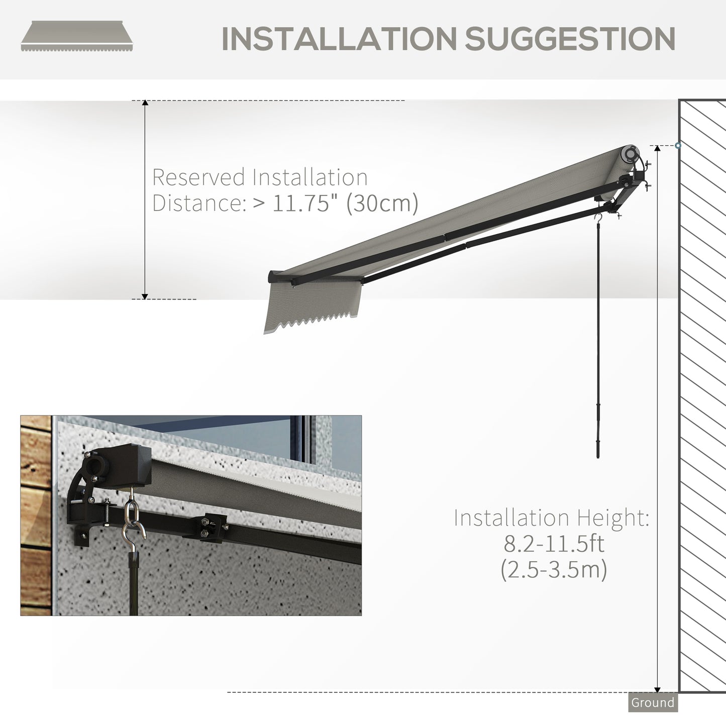 10' x 8' Retractable Awning, 280gsm UV Resistant Sunshade Shelter, for Deck, Balcony, Yard, Light Grey