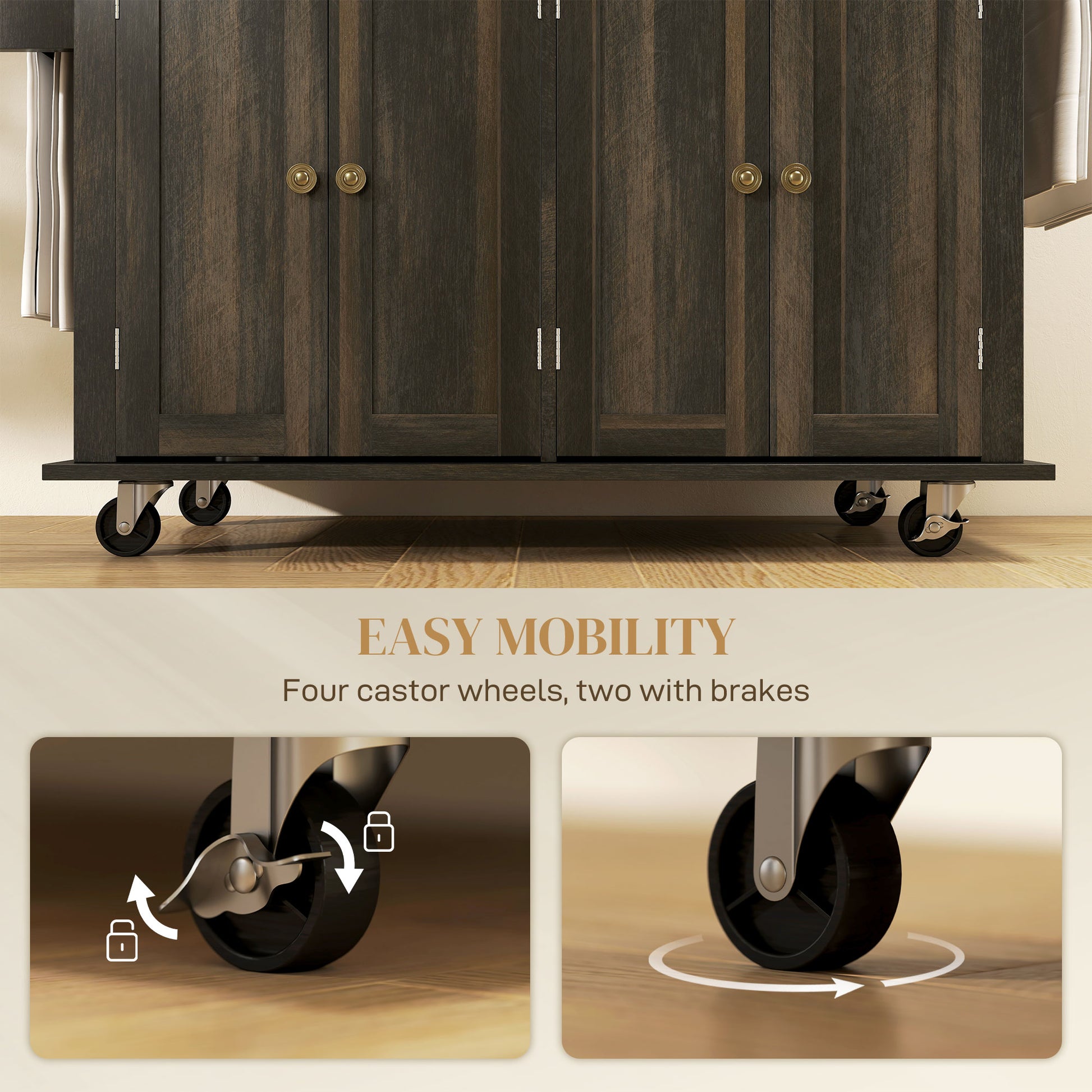 Kitchen Island with Storage, Rolling Trolley Cart with Rubber Wood Top, Spice Rack, Towel Rack, Brown Oak