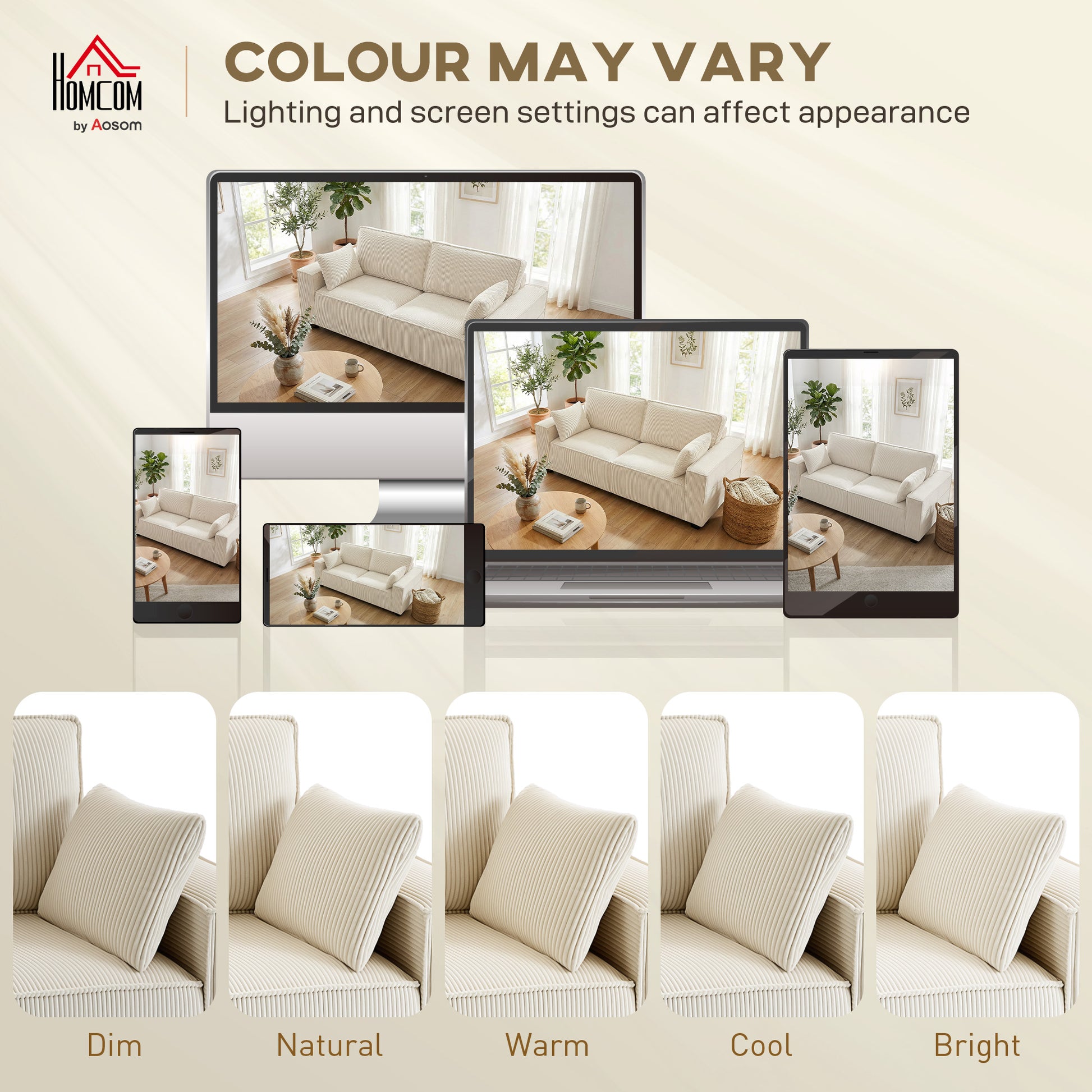 86" 3 Seater Sofa, Modern Corduroy Upholstered Couch, Beige