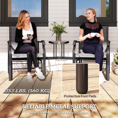 Double Patio Glider Chair with Glass Top Center Table, Outdoor Glider Loveseat with High Back, All Weather Breathable Mesh Fabric for Garden, Backyard, Deck, Grey