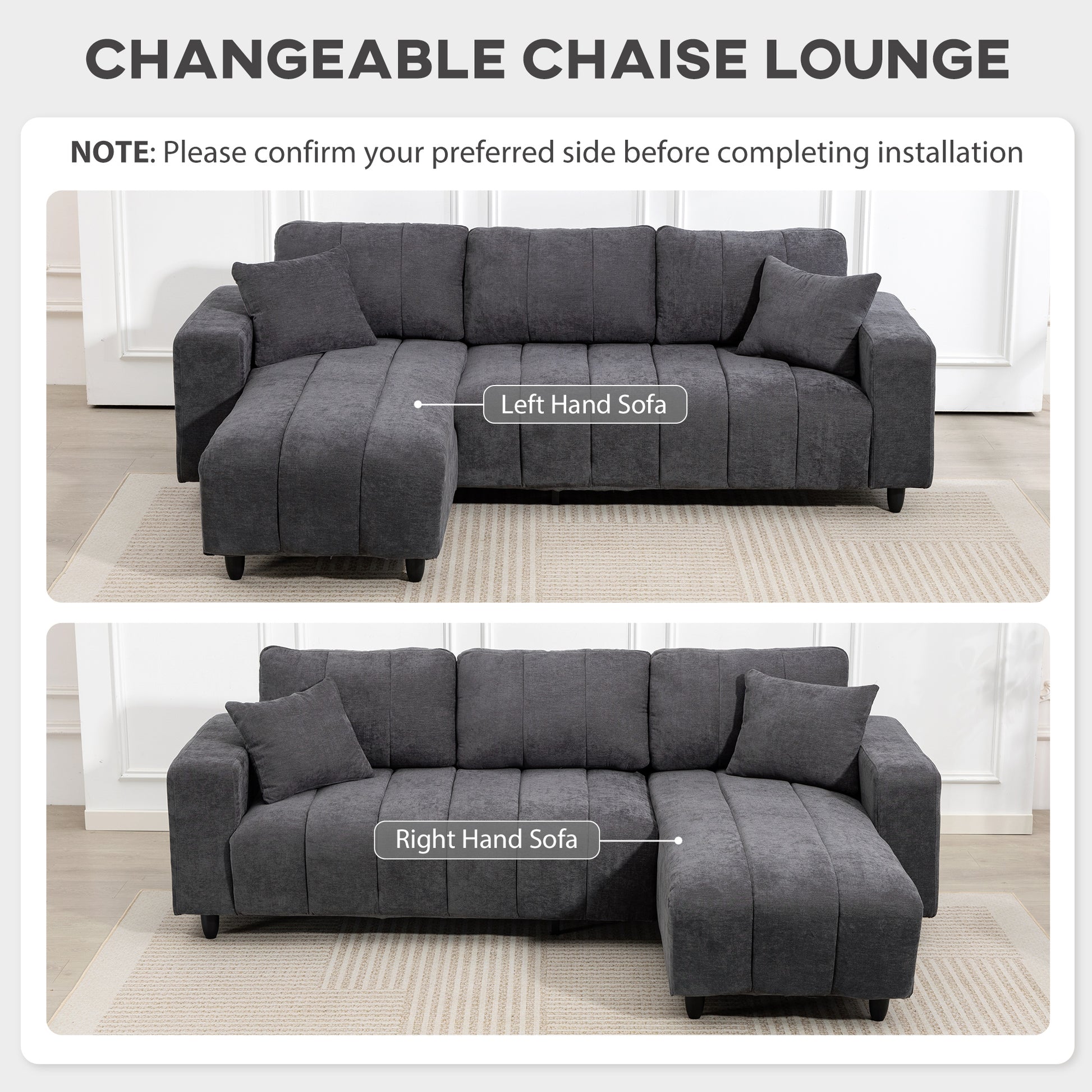 Sectional Couch with Integrated Seat, 3 Seater L-Shaped Sofa with Changeable Chaise, Spring Cushion, 2 Pillows, Grey