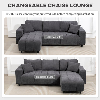 Sectional Couch with Integrated Seat, 3 Seater L-Shaped Sofa with Changeable Chaise, Spring Cushion, 2 Pillows, Grey