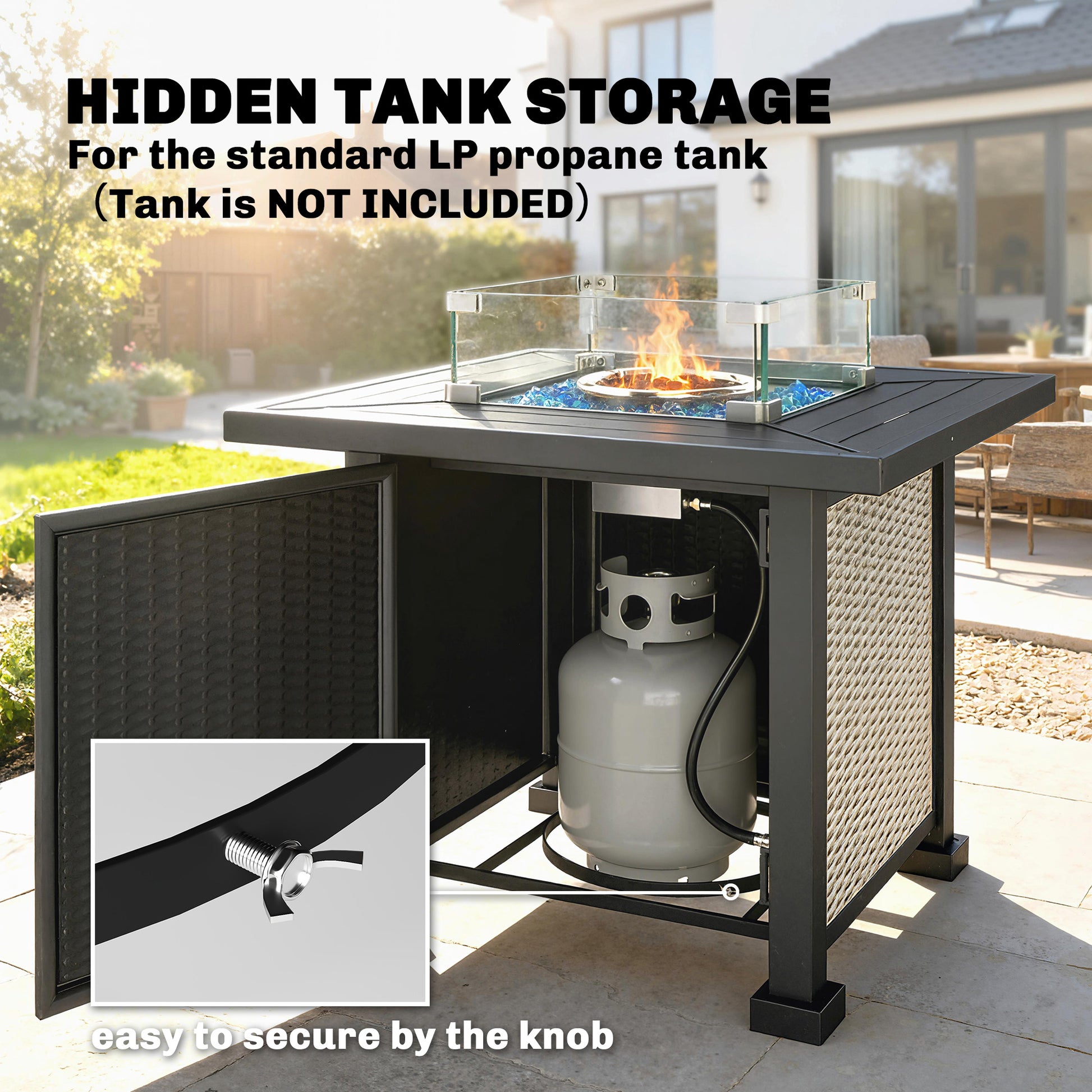 32" Propane Gas Fire Pit Table, 50,000 BTU Square Patio Table with Fire Pit, Wind Guard, Lid, CSA Certified, Grey