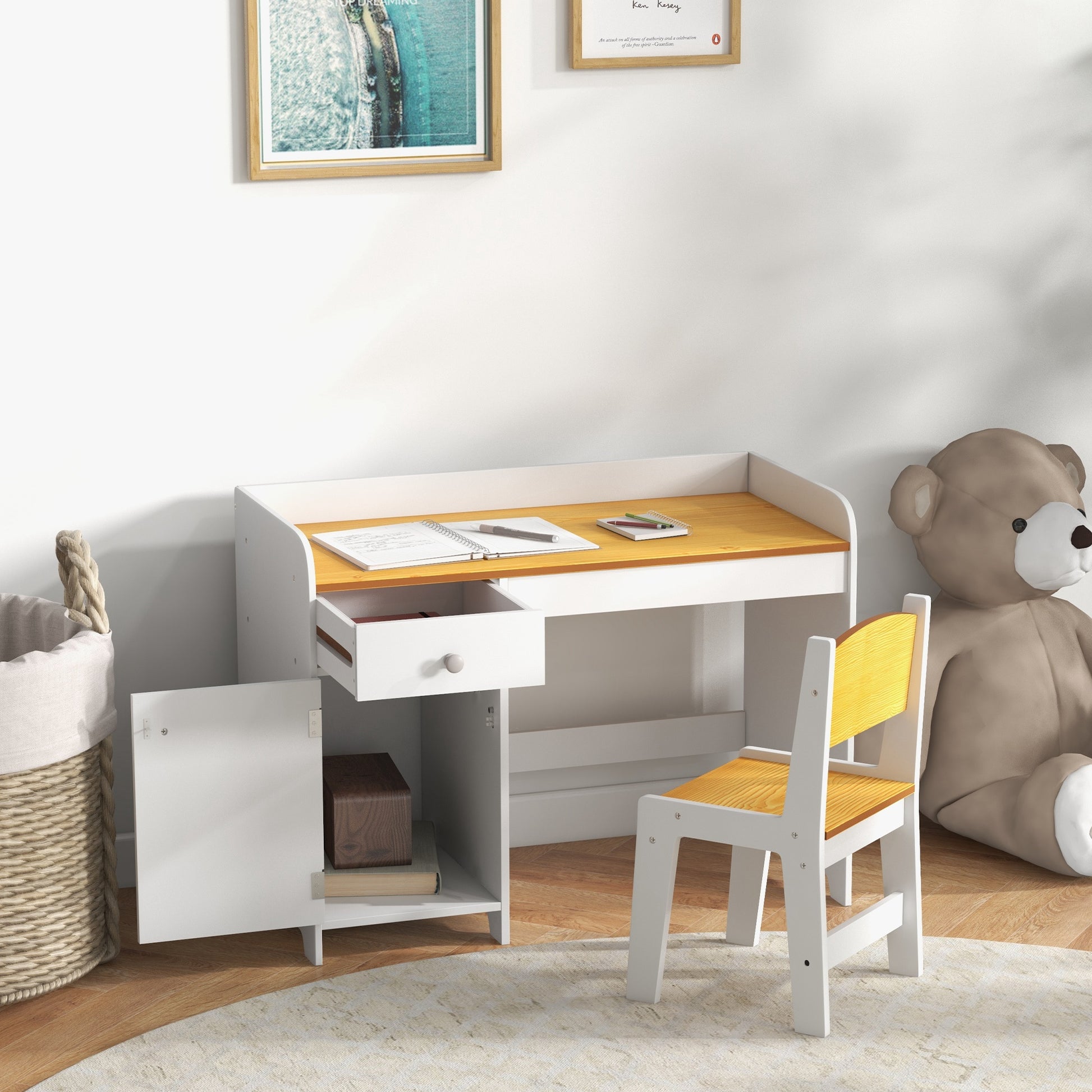 Qaba Kids Desk and Chair Set for 3-6 Year Old with Storage Drawer, Study Table and Chair for Children, White