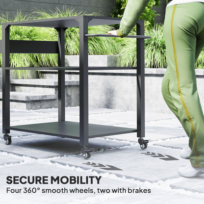 3-Tier Outdoor Grill Dining Cart with Storage Rack, Pizza Oven Stand with Side Handle, 4 Wheels for Backyard Party