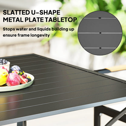 Outdoor Dining Table for Four, Patio Table with Parasol Hole, Square Garden Table with Slatted Metal Plate Top, for Backyard, Poolside, Black