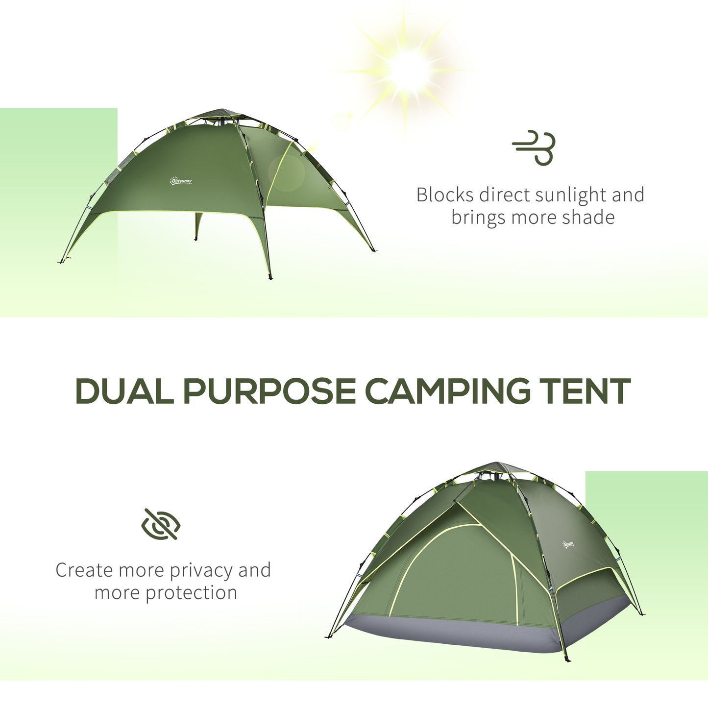 Camping Tent, 3 Person Family Tent, 1000mm Waterproof, with Sewn-in Groundsheet and Carry Bag, for Fishing, Dark Green