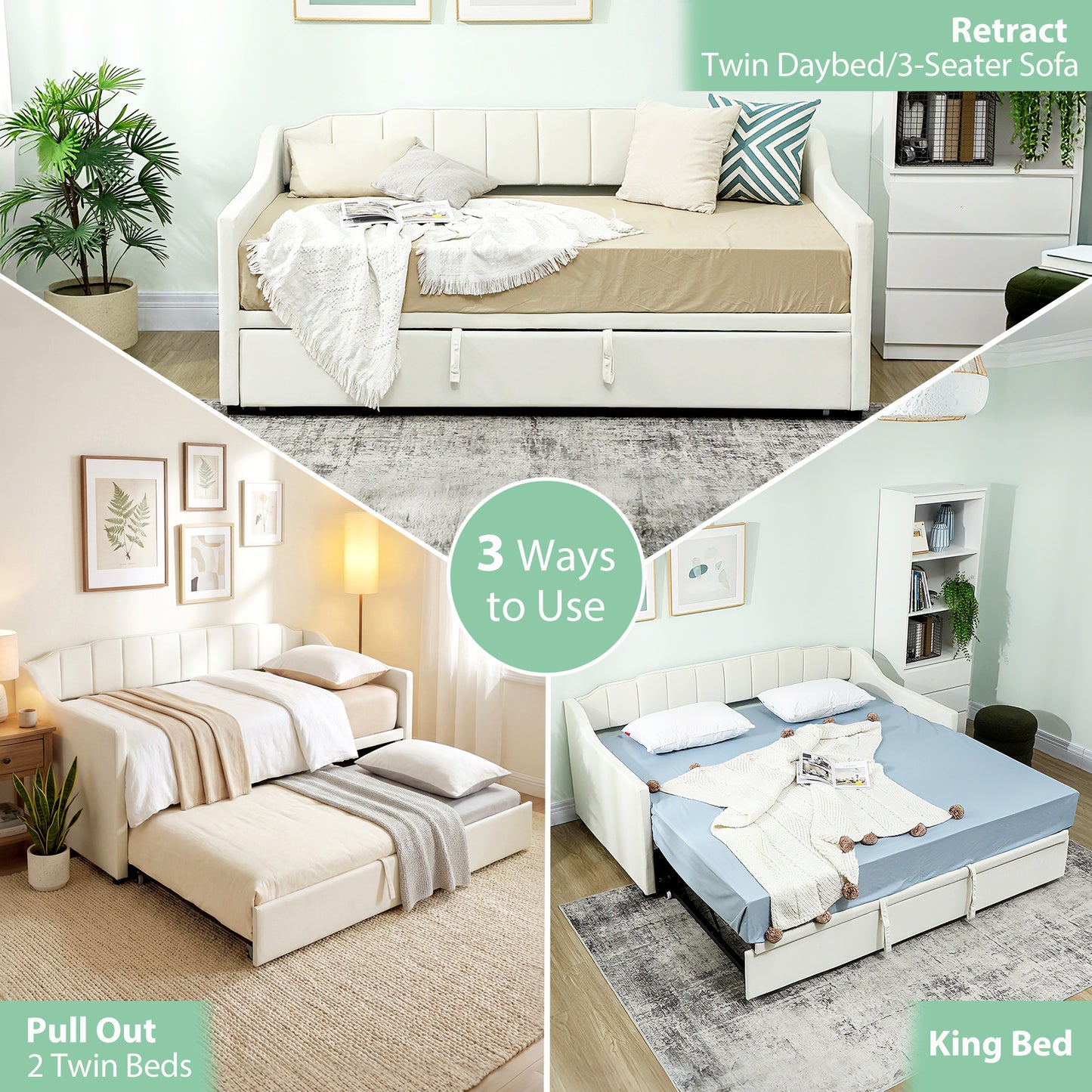 Upholstered Twin Trundle Bed, Extendable Twin to King Day Bed with Headboard and Armrests, Cream White
