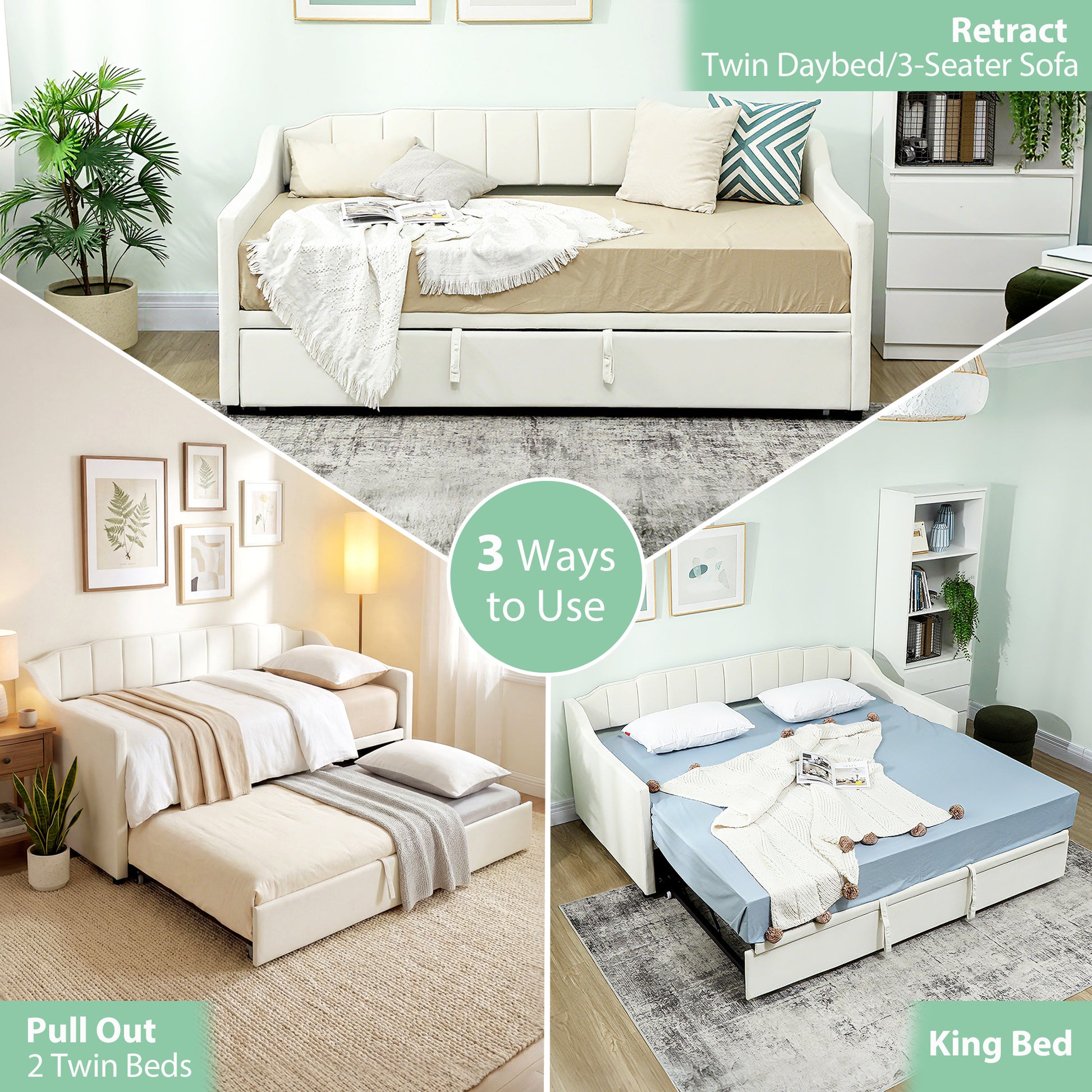 Upholstered Twin Trundle Bed, Extendable Twin to King Day Bed with Headboard and Armrests, Cream White