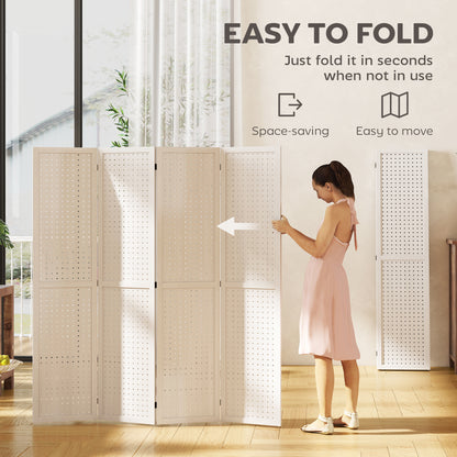 5.6 Ft. Tall 4-Panel Room Divider, Pegboard Panel Folding Privacy Screen, Partition Wall Divider for Bedroom, White